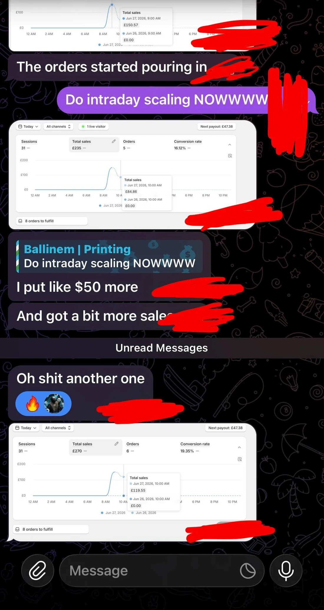 Telegram conversation showing orders arriving minutes after launching ads.