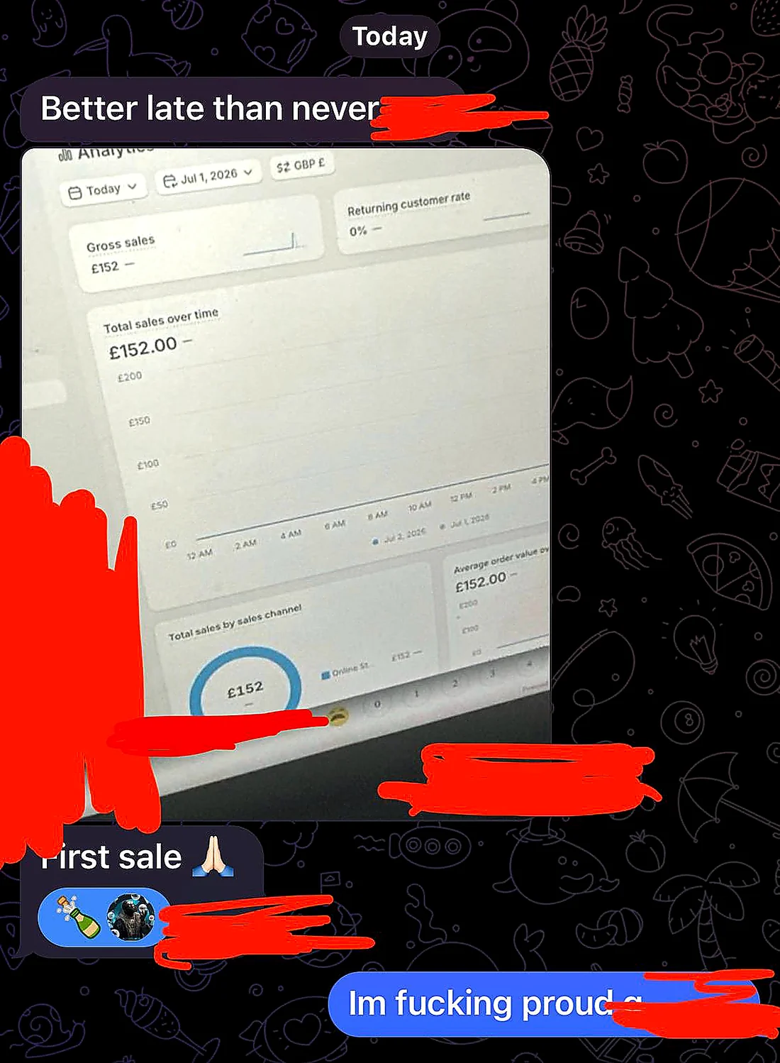 Telegram message reading first sale, with a store analytics screenshot showing 152 pounds.
