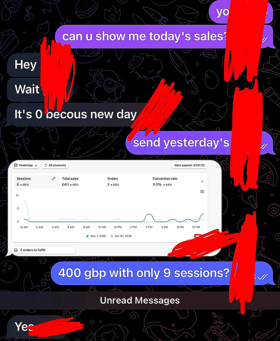 Telegram conversation showing 411 pounds in sales from nine sessions.